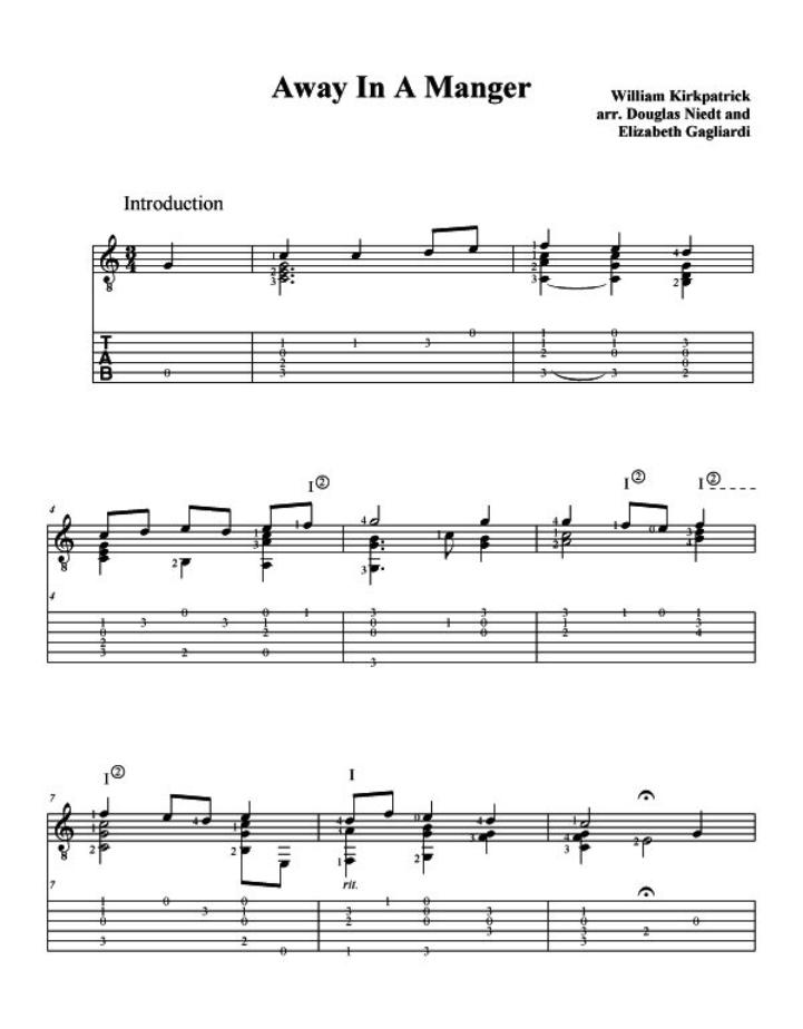Christmas Sheet Music For Guitar Away In a Manger p1