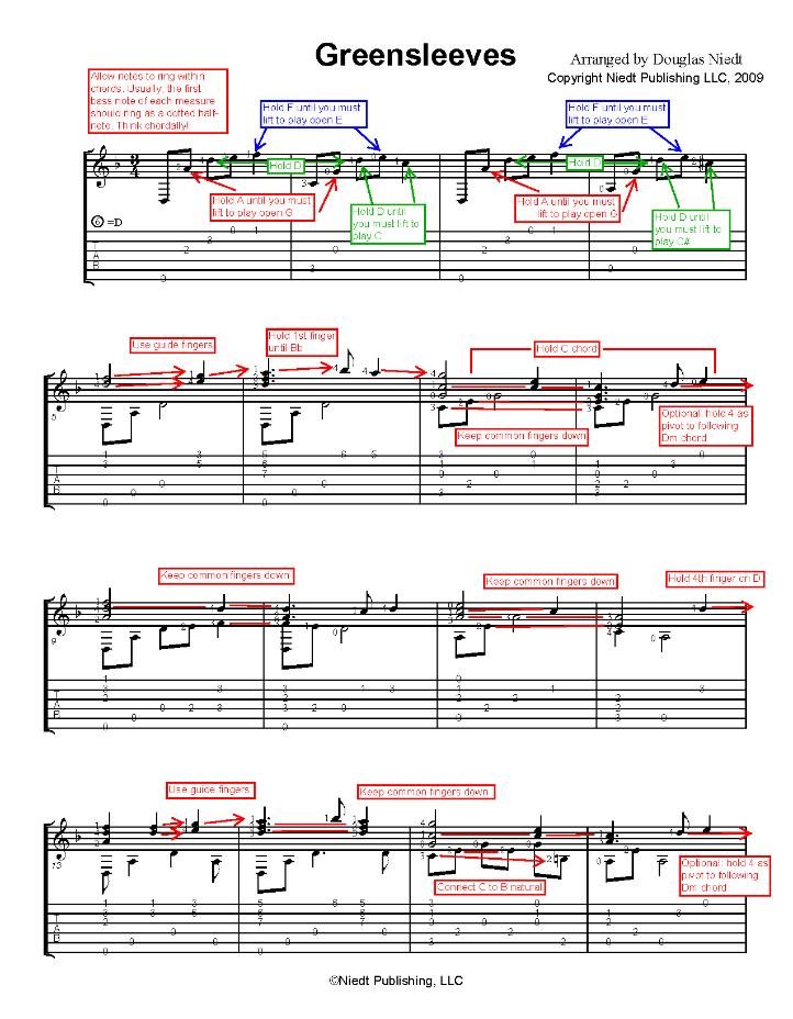 Christmas Sheet Music for Guitar. Greensleeves, annotated p1