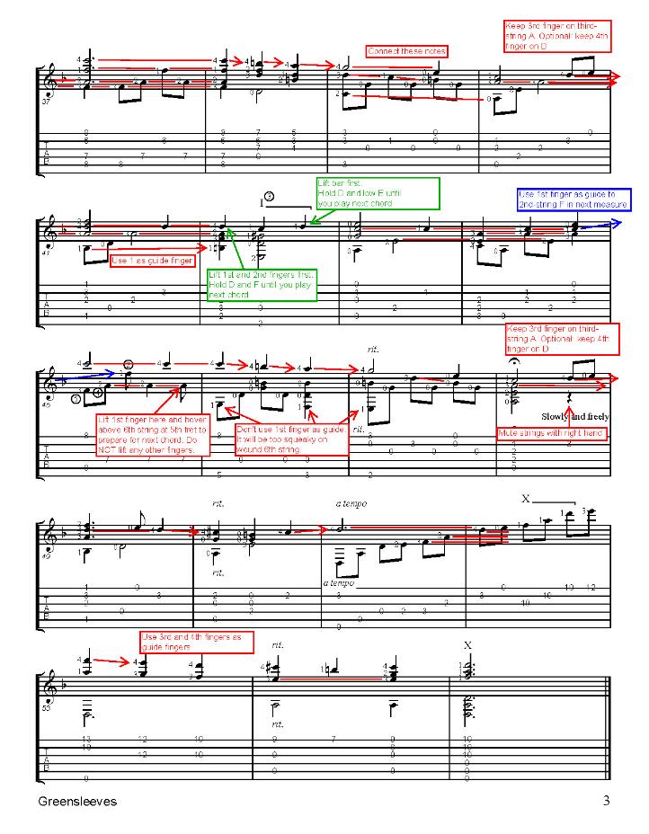 Christmas Sheet Music for Guitar. Greensleeves, annotated p3
